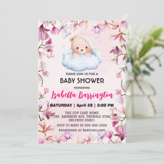 Roze Schattige Beer pyjama bloemen baby shower kin Kaart (Staand voorkant)