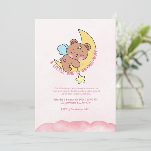 Roze Schattige beer Waterverf Baby shower Party Kaart (Staand voorkant)