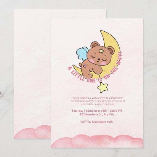 Roze Schattige beer Waterverf Baby shower Party Kaart (Voorkant / Achterkant)