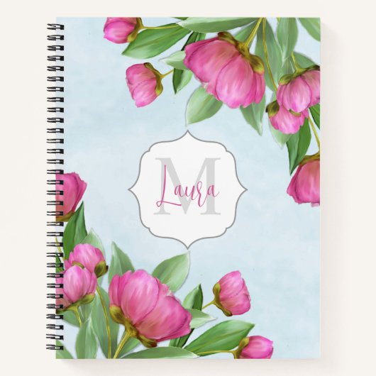 Roze Schattige Bloemmonogram Custom Notitieboek (Voorkant)