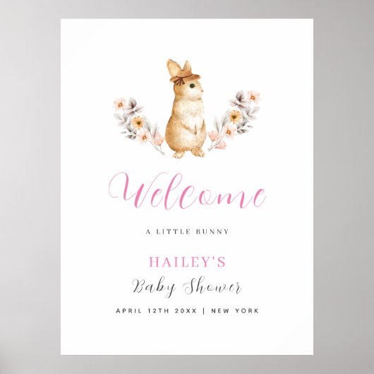 Roze Schattige Bunny Wildflower Welkom Baby shower Poster (Voorkant)