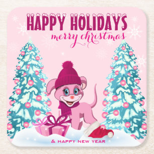 Roze Schattige Cartoon voor kerstmis Kartonnen Onderzetters