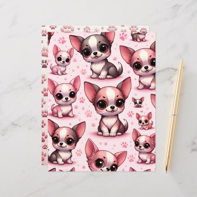 Roze Schattige Chihuahua Dog Scrapbook Papier (Voorkant / Achterkant in situ)