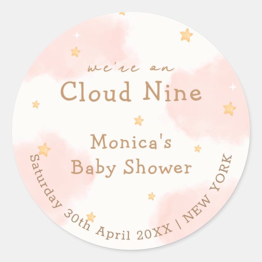 Roze Schattige Cloud Nine Meisje Baby shower Ronde Sticker (Voorkant)