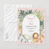 Roze schattige dieren, oerwoud safari 1ste verjaar uitnodiging briefkaart (Voorkant / Achterkant)