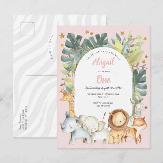 Roze schattige dieren, oerwoud safari 1ste verjaar uitnodiging briefkaart (Voorkant / Achterkant)