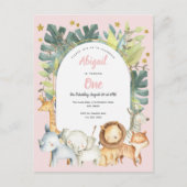 Roze schattige dieren, oerwoud safari 1ste verjaar uitnodiging briefkaart (Voorkant)