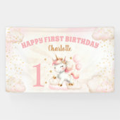 Roze Schattige Eenhoorn Meisje 1e Verjaardagsfeest Spandoek (Horizontaal)