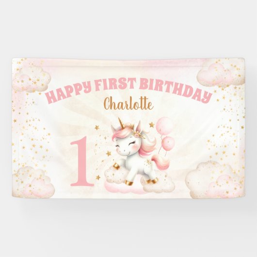 Roze Schattige Eenhoorn Meisje 1e Verjaardagsfeest Spandoek (Horizontaal)