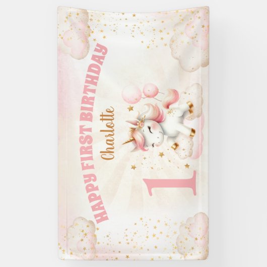 Roze Schattige Eenhoorn Meisje 1e Verjaardagsfeest Spandoek (Verticaal)