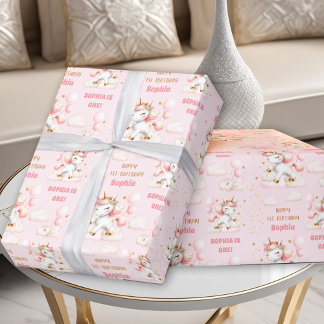 Roze Schattige Eenhoorn Meisje 1e Verjaardagsnaam Cadeaupapier