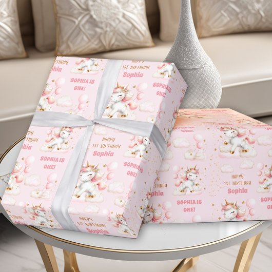 Roze Schattige Eenhoorn Meisje 1e Verjaardagsnaam Cadeaupapier