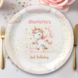 Roze Schattige Eenhoorn Meisje Birthday Papieren Bordje