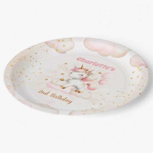 Roze Schattige Eenhoorn Meisje Birthday Papieren Bordje (Gekanteld)