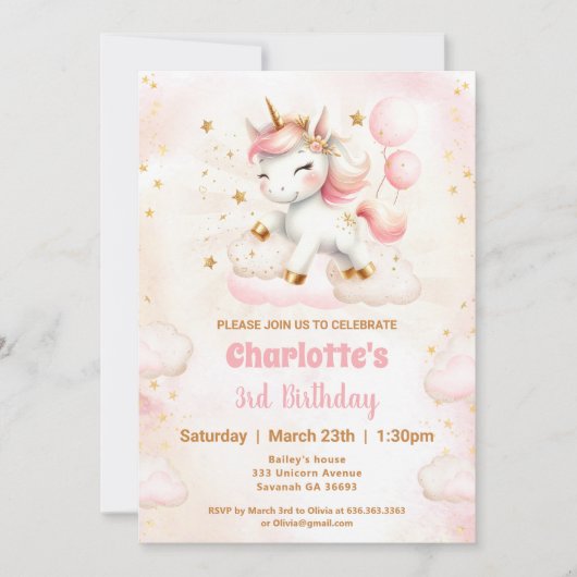 Roze Schattige Eenhoorn Meisje Verjaardagsuitnodig Kaart (Voorkant)