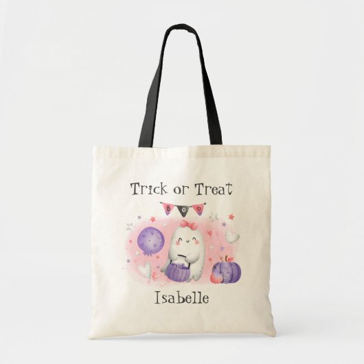 Roze Schattige Ghost Trick or treat Halloween Naam Tote Bag (Voorkant)