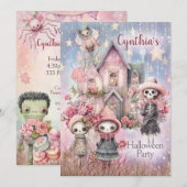 Roze Schattige Halloween Feestuitnodiging Kaart (Voorkant / Achterkant)