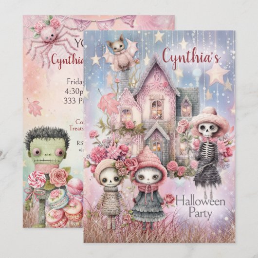 Roze Schattige Halloween Feestuitnodiging Kaart (Voorkant / Achterkant)