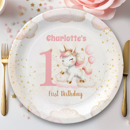 Roze Schattige Happy Unicorn Meisje 1e Verjaardag Papieren Bordje