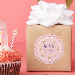 Roze Schattige Ice Cream Cone Kinder Meisje 1e Ver Ronde Sticker