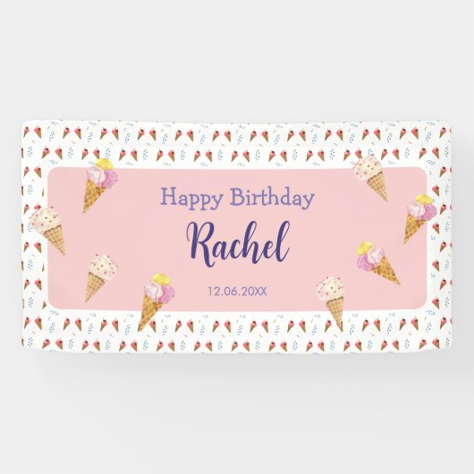 Roze Schattige Ice Cream Cone Kinder Meisje Verjaa Spandoek (Horizontaal)