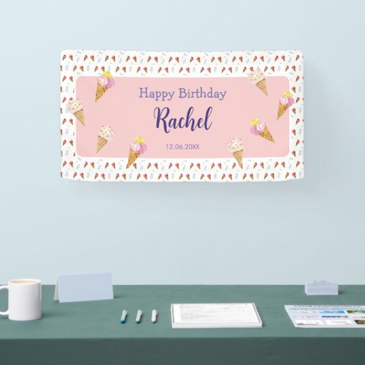 Roze Schattige Ice Cream Cone Kinder Meisje Verjaa Spandoek (Beurs)