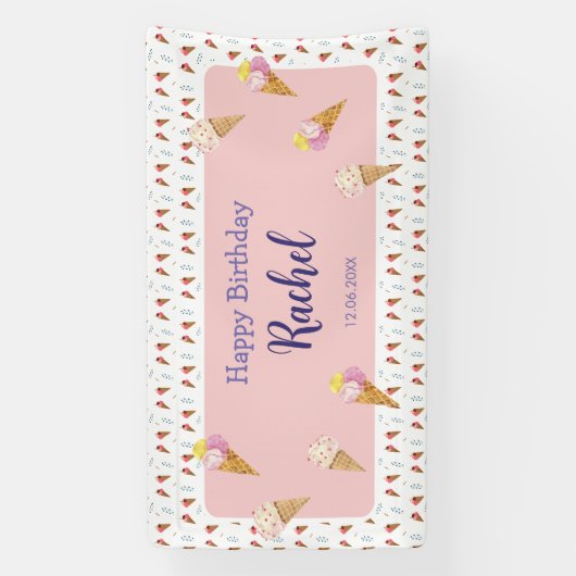 Roze Schattige Ice Cream Cone Kinder Meisje Verjaa Spandoek (Verticaal)