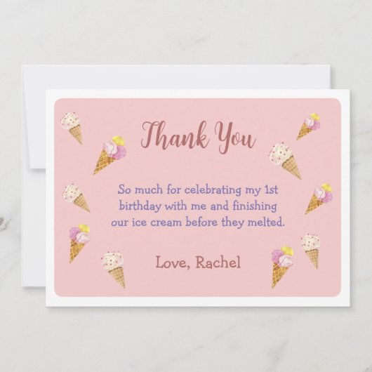 Roze Schattige Ice Cream Cone Party Meisje Verjaar Bedankkaart (Voorkant)