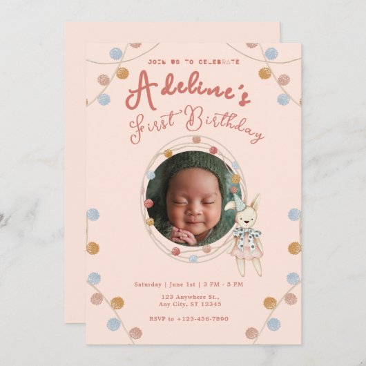 Roze schattige kinderen verjaardag kaart (Voorkant / Achterkant)