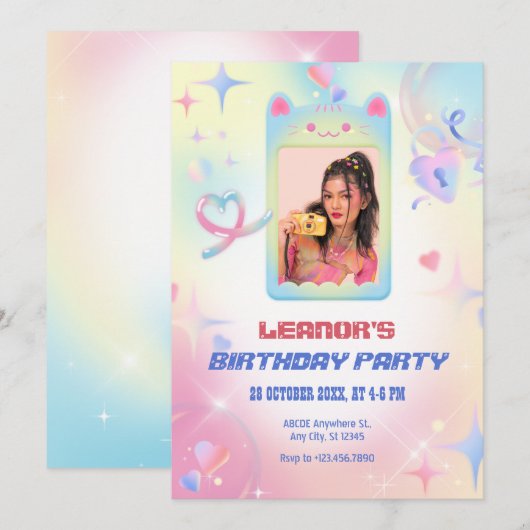 Roze schattige kitten foto lijst y2k verjaardag kaart (Voorkant / Achterkant)