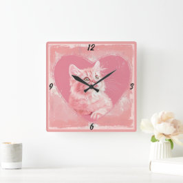 Roze Schattige Kitten Hart Vierkante Muur Klok
