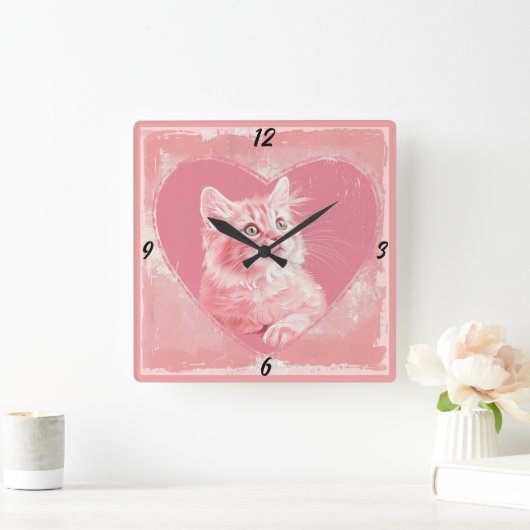 Roze  Schattige Kitten Hart Vierkante Muur Klok (Huis)