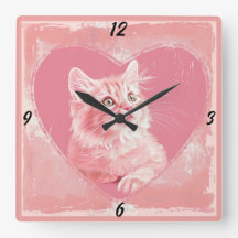Roze  Schattige Kitten Hart Vierkante Muur Klok