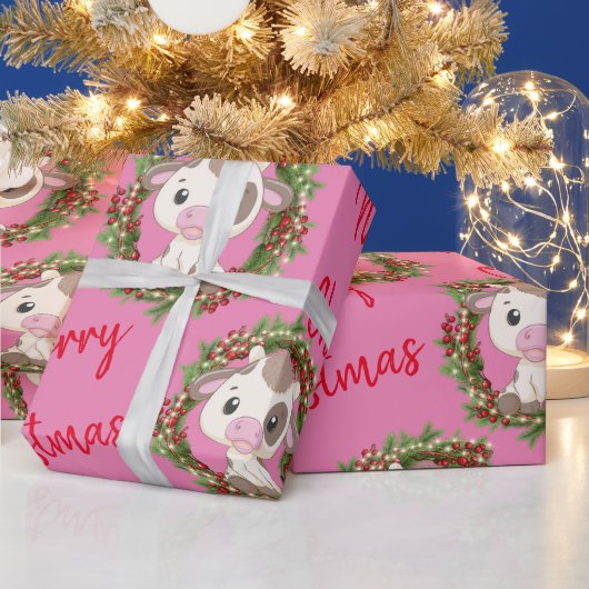 Roze Schattige Koe kerstkrans Cadeaupapier (Feestdagen)
