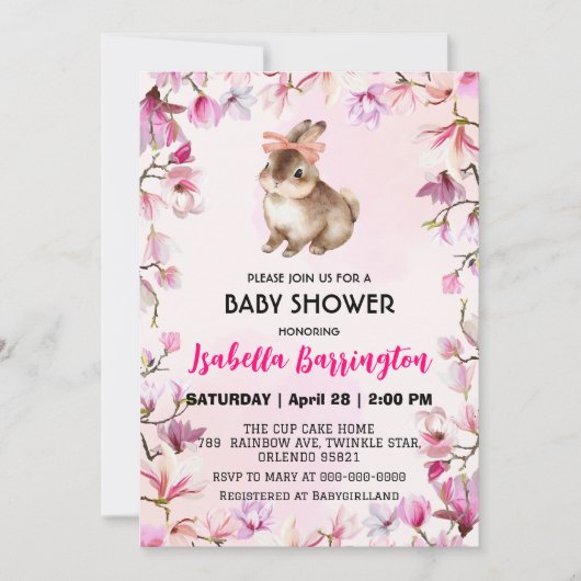 Roze Schattige konijnenkonijnenbloemen baby shower Kaart (Voorkant)