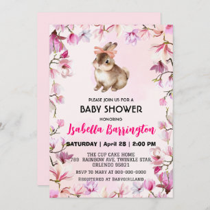 Roze Schattige konijnenkonijnenbloemen baby shower Kaart