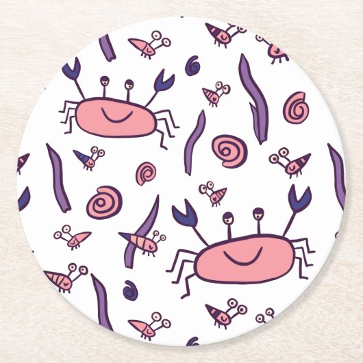 Roze Schattige krab Zee dierlijk patroon Kinder Ronde Kartonnen Onderzetter (Voorkant)