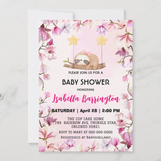 Roze Schattige luiaard zoet droombloem baby shower Kaart (Voorkant)