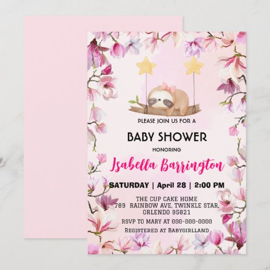 Roze Schattige luiaard zoet droombloem baby shower Kaart (Voorkant / Achterkant)