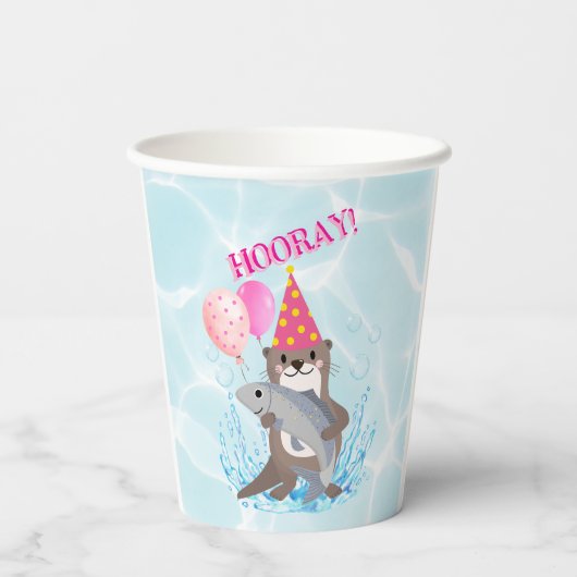 Roze Schattige Meisje Zee Otter Verjaardagsfeest Papieren Bekers (Achterkant)