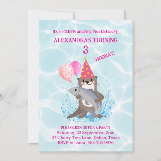 Roze Schattige Meisje Zee Otter Verjaardagsuitnodi Kaart (Voorkant)