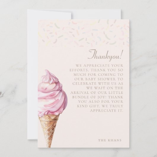 Roze Schattige Minimal Waterverf Ice Cream Baby sh Bedankkaart (Voorkant)