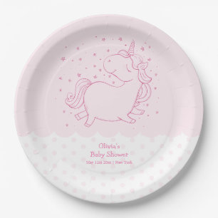 Roze Schattige Modern Polka Dot Eenhoorn Baby show Papieren Bordje