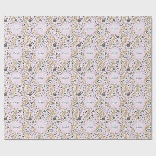 Roze Schattige n' Curvy Shamrocks Meisje Naam St P Cadeaupapier (Vlak)