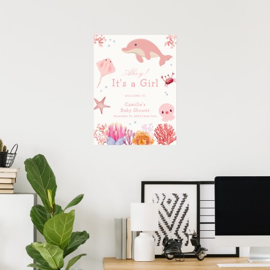 Roze Schattige Onder Zee Dolfijn Baby shower Welko Poster (Thuiskantoor)