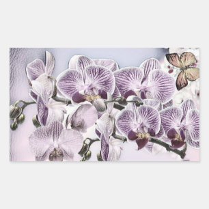 Roze schattige orchidee bloemen en vlinder tekenin rechthoekige sticker