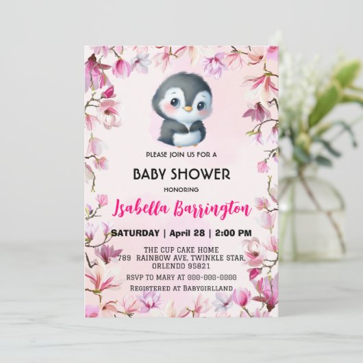 Roze Schattige pinguïn zoet bloem baby shower kind Kaart (Staand voorkant)