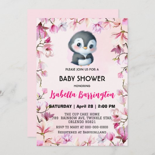 Roze Schattige pinguïn zoet bloem baby shower kind Kaart (Voorkant / Achterkant)