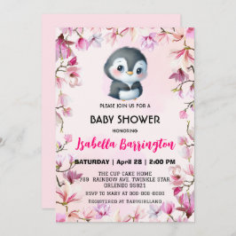 Roze Schattige pinguïn zoet bloem baby shower kind Kaart