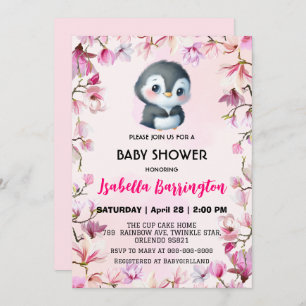 Roze Schattige pinguïn zoet bloem baby shower kind Kaart
